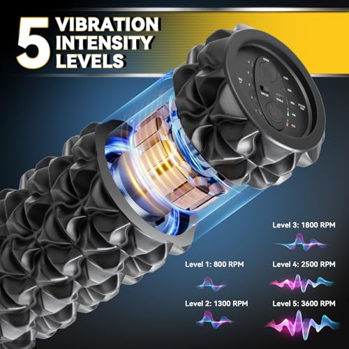 Vibrating Foam Roller, High Density Massage Roller for Back Pain Relief & Muscle Recovery and Physical Therapy, 5-Speed Rechargeable Exercise Roller, 2 Modes