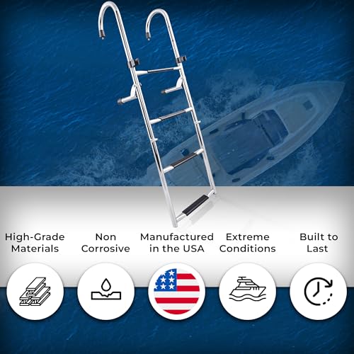 B00365-4 Step Gunwale-Mounted Removable Ladder | Marine 304 Stainless Steel Heavy-Duty Boarding Ladder | Corrosion-Resistant w/Deck Mount Brackets | Non-Slip Steps for Boats & Yachts
