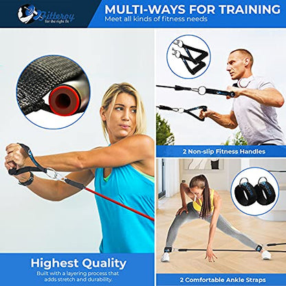 Home Gym Workout Bands - Resistance Band Weight Set Includes 5 Stackable Tension Bands, Premium Exercise Handles, Ankle Straps, Door Anchor and Carry Bag for Exercise & Physical Therapy
