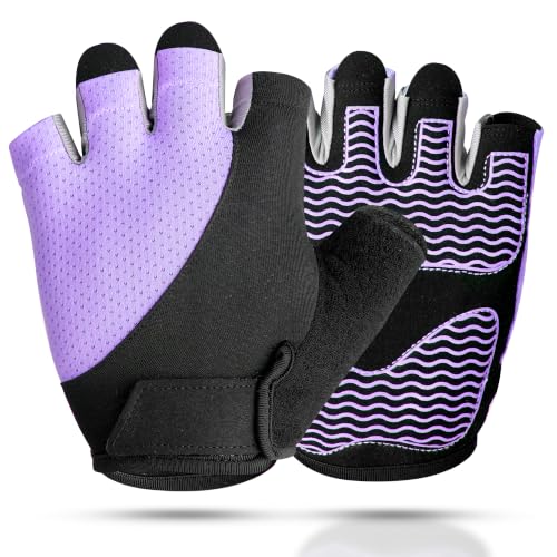 sunnex Workout Gloves for Women - Breathable Weight Lifting Gloves with Non-Slip Silicone Padding, Fingerless Gym Gloves for Cycling, Rowing, Pull Ups & Training (4 Sizes) - color: JS-PURPLE, size: Large