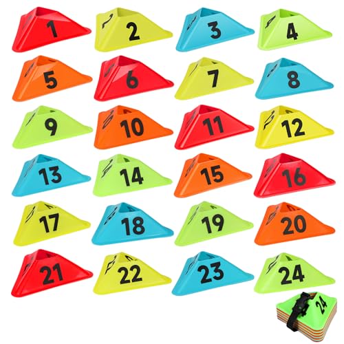 24 Pack Numbered Sports Cones, 1-24 Soccer Training Cones Flexible Agility Cone Soft Field Cone for Gym Games Sports Training Equipment