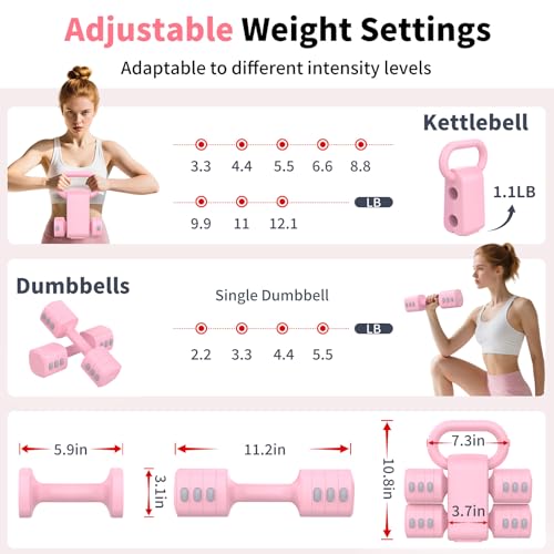 Hezeyferg 2-in-1 Adjustable Dumbbells Set, 4 Levels Weight Dumbbells Set for Women Men, Each 2.2/3.3/4.4/5.5lb Hand Weights with Kettlebell Form for Home Gym Exercise Training