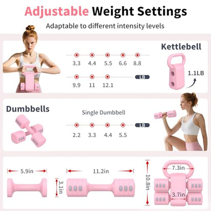 Hezeyferg 2-in-1 Adjustable Dumbbells Set, 4 Levels Weight Dumbbells Set for Women Men, Each 2.2/3.3/4.4/5.5lb Hand Weights with Kettlebell Form for Home Gym Exercise Training