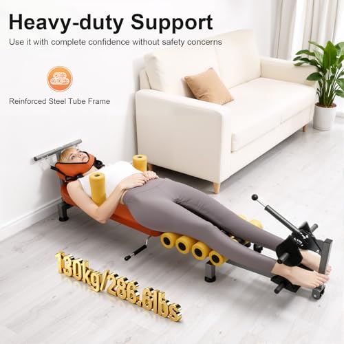 Back Stretch Bench, Adjustable Length 4.76 to 5.91 Feet, Multi Level Decompression Traction Device, Portable Lumbar Cervical Spine Relaxation Stretcher, with Foam Rollers and Traction Lever, for Home Office Gym Back Neck Relief Recovery