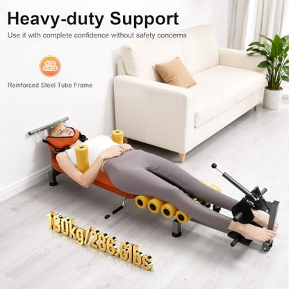 Back Stretch Bench, Adjustable Length 4.76 to 5.91 Feet, Multi Level Decompression Traction Device, Portable Lumbar Cervical Spine Relaxation Stretcher, with Foam Rollers and Traction Lever, for Home Office Gym Back Neck Relief Recovery