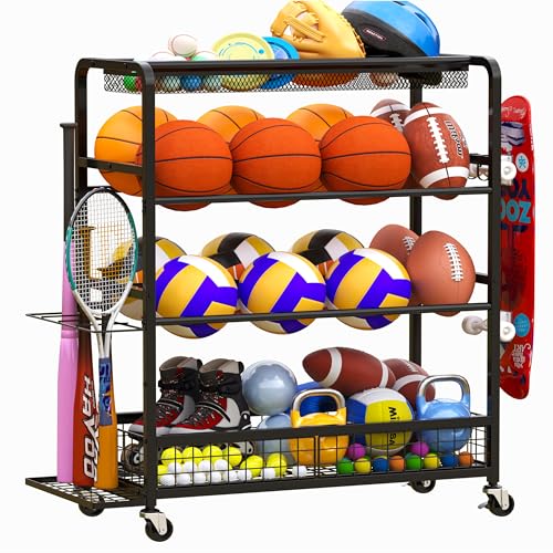 Jsskeeim Garage Sports Equipment Organizer,Sports Ball Organizer with Wheels,Mesh Pocket, Basket,Ball Organizer with Baseball Bat Rack and HooksToy Storage Rolling Cart-Black - style: 02