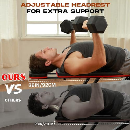 Folding Weight Bench, 880LB Foldable Workout Bench with Extended Headrest for Bench Press Workout Training, Incline Decline Bench