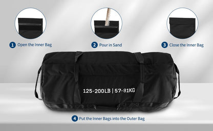 Heavy Duty Sandbag 125-200lb Adjustable - Canvas Weight Bag, Black XL, with Filled Sand Sleeves, for Strength Training, Home Gym, Workout