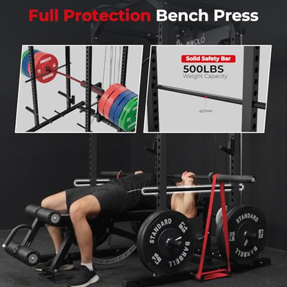 Mikolo F4 2.0 Power Cage with Dual-Track Smooth Pulley System, 1200LBS Power Rack with Leg Hold-Down for Heavy LAT Pulldowns - color: Black, size: F4 2.0 (with Bench＆Bar＆230LB CP）