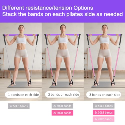 Pilates Bar Kit with Resistance Bands,Pilates Bar with Stackable Bands Workout Equipment for Legs,Hip,Waist and Arm,Exercise Fitness Equipment for Women & Men Home Gym Yoga Pilates - color: Hot Purple
