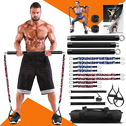 Portable Home Gym Resistance Band Set With8 Anti-Break Bands, Detachable 500LBS Pilates Bar, Full Body Workout Equipment w/Ankle Straps & Door Anchor - style: Black