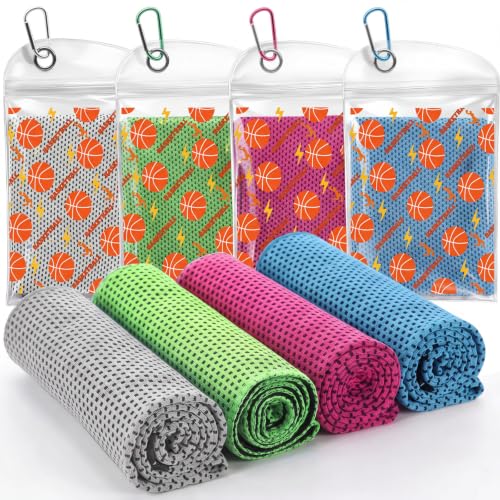 Chumia 4 Pack Basketball Themed Cooling Towels (40"x12"), Soft Breathable Chilly Towel, Ice Towel, Microfiber Towels for Running, Workout, Gym, Sport, Basketball Party Favors Player Team Gifts - color: Light Blue, Green, Rose Red, Light Gray, style: Baske