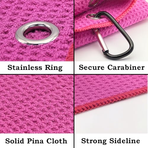 2 Pack Tri-fold Golf Towel Set, Microfiber Fabric Waffle Pattern Towels, Outdoor Sports Towels Heavy Duty Carabiner Clip (Pink x2)