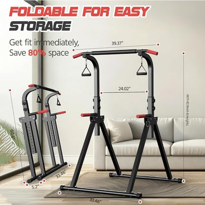 Foldable Pull Up Bar Free Standing Power Tower, 82.9" Adjustable Height Dip Station for Home Gym, Heavy Duty Alloy Steel Strength Training Equipment with Resistance Straps, 350LBS Capacity