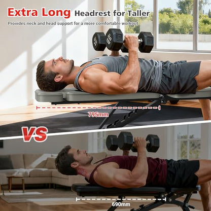 XDDIAS Workout Bench, 10 Backrests Adjustable Weight Bench with Extended Headrest, 800LBS Foldable Weight Bench for Home Gym, Incline Decline Flat Bench Compact for Small Space Training - color: Gray