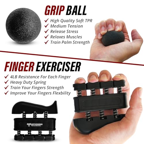 Hand Strength Kit With Finger Exerciser, Stretcher, Forearm Grip Adjustable Gripper, Exercise Ring and Stress Relief Ball for Athletes Muscle Trainer. Black