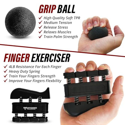 Hand Strength Kit With Finger Exerciser, Stretcher, Forearm Grip Adjustable Gripper, Exercise Ring and Stress Relief Ball for Athletes Muscle Trainer. Black