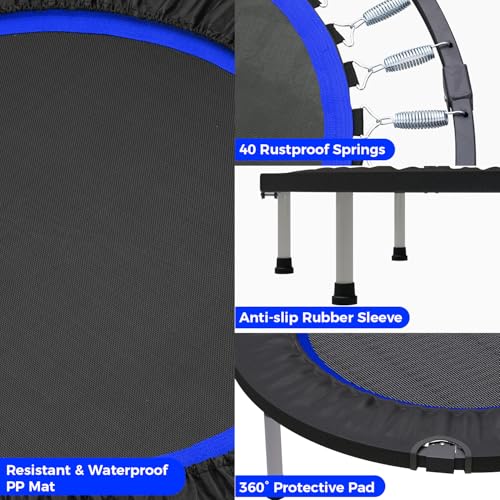 40"/48" Rebounder Trampoline for Adults Mini Trampoline for Adults and Kids Exercise Rebounder with Bar Fitness Trampoline Indoor Height Adjustable Max Load 330/440lbs - color: Blue-48in