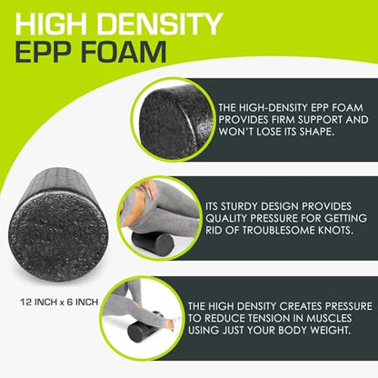 12 Inch High Density Foam Roller - Compact Muscle Recovery Roller for Travel, Home Gym, Yoga, Black