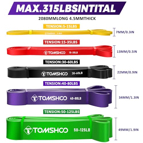 TOMSHOO 5 Packs Pull up Assist Bands, Resistance Bands with Straps Handles and Door Anchor, Stretch Bands,Exercise Bands with Guide for Fitness