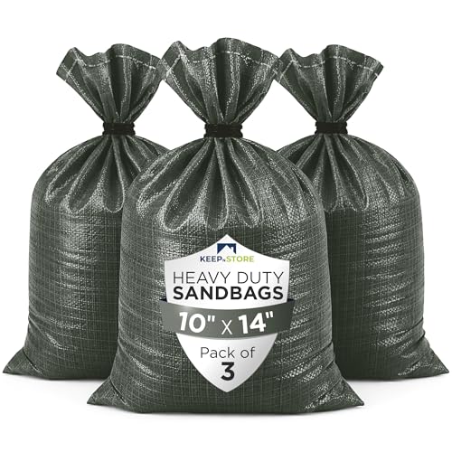 Heavy Duty Sand Bags Pack of 3, Army Green Empty Sandbags with Built-In Ties, Woven Polypropylene UV Protection 1600 Hours, Fillable Sand Bags for Flood Control, Weight, 10x14 inches, 15 Pounds Volume - size: 10"W x 14"L, style: Pack of 3
