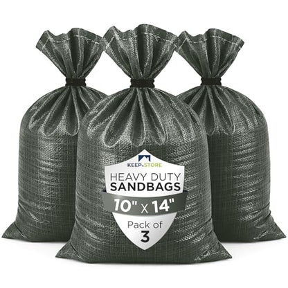 Heavy Duty Sand Bags Pack of 3, Army Green Empty Sandbags with Built-In Ties, Woven Polypropylene UV Protection 1600 Hours, Fillable Sand Bags for Flood Control, Weight, 10x14 inches, 15 Pounds Volume - size: 10"W x 14"L, style: Pack of 3