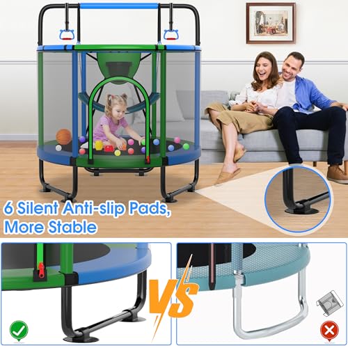 YORIN Trampoline for Kids 66'' 60'' 55'' Toddler Mini Small Outdoor Indoor Trampoline W Basketball Hoop, Swing, Adjustable Gymnastics Bar, Gift for Baby, Toddlers & Kids
