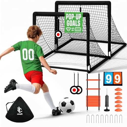 Kids Soccer Goal Set for Backyard, Portable Soccer Nets Set of 2 with Soccer Ball, Scoreboard, Agility Ladder, Cones and Target Nets, Indoor Outdoor Soccer Training Equipment for Boys and Girls - color: Black, size: 6x4FT