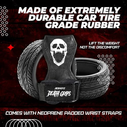 JerkFit Death Grips Premium Lifting Straps - Car Tire Grade Rubber PVC Wrist Straps for Shrugs, Pull Ups & Deadlifts with Neoprene Padded Support - size: Small