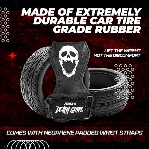 JerkFit Death Grips Premium Lifting Straps - Car Tire Grade Rubber PVC Wrist Straps for Shrugs, Pull Ups & Deadlifts with Neoprene Padded Support - size: Medium