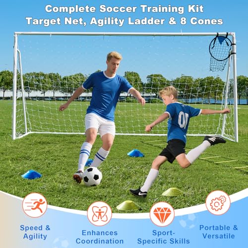 Soccer Goals for Backyard Soccer Goal 12x6 Big 10x6.5 8x6 6x4FT Soccer Goals for Youth Adults and Kids Large Metal 2" Goal Post with Agility Ladder and Target Net Soccer Cones Practice Equipment