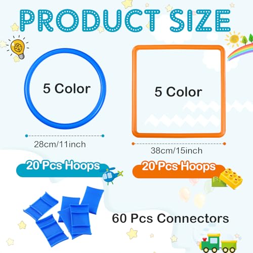 2 Sets of Hopscotch Outdoor Squares 20 Pcs Hopscotch Ring Game with 30 Pcs Connectors Outdoor Indoor Obstacle Course for Kids Playground Agility Training(Hoop, Square) - style: Hoop, Square