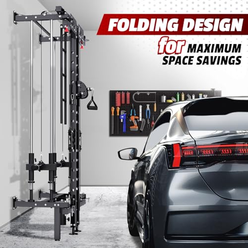 Folding Squat Rack, Wall Mounted Power Rack with Cable Crossover Machine & LAT Pull Down Multi-Function Space-Saving Power Cage with 7 Adjustable Modes/Dual Pulley System/Pull-up Bar/360°Landmine