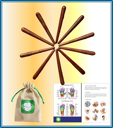 Lungcha 10pcs Foot Massager Stick Tool Kit with Usage Guide and Tools Bag for Foot, Hand, Back, Neck, Shoulder Thai Traditional Reflexology