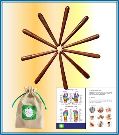 Lungcha 10pcs Foot Massager Stick Tool Kit with Usage Guide and Tools Bag for Foot, Hand, Back, Neck, Shoulder Thai Traditional Reflexology