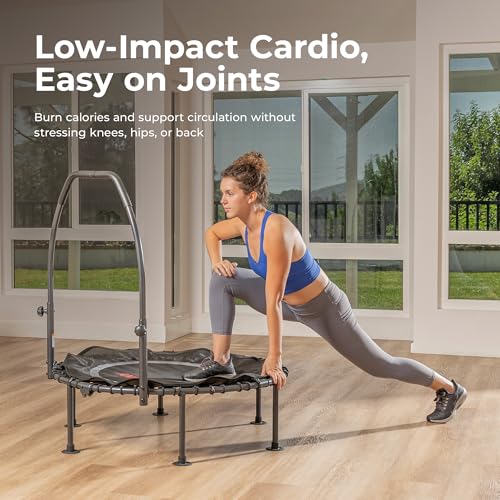 Sunny Health & Fitness 36”/40”/48” Bungee Exercise Trampoline for Adults with Adjustable Foam U-Shaped Handlebar – Home Indoor Cardio, Silent & Low Impact Bounce