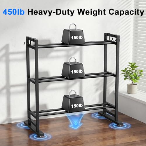 3 Tier Dumbbell Rack Stand, Adjustable Width Weight Rack for Home Gym with Wider Base & 6 Side Hooks, Heavy Duty 450LBS Capacity Weight Storage Organizer for Dumbbells and Kettlebells