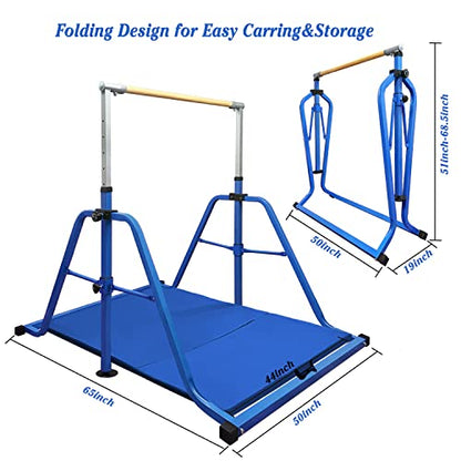 Gymnastics Bar for Kids with Rings Set, 7 Heights Adjustable Easy Folding Gymnastic Training Bar Kids Monkey Horizontal Bars - Max Load 300LBS