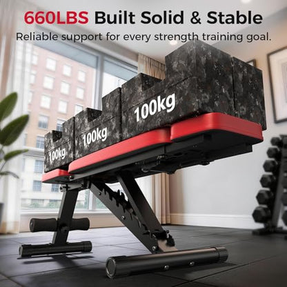 Adjustable Weight Bench up to 6.5'', Dual-Support Workout Bench & 10 Backrests for Chest Shoulders Arms for Home Gym, 660LBS Capacity but Compact and Foldable Strength Bench Apartment Room