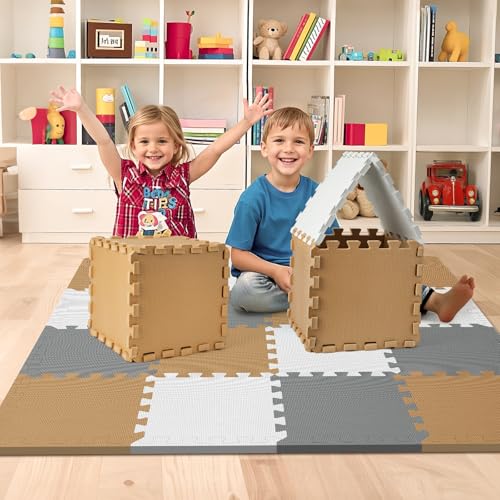 16 Tiles Baby Play Mat for Floor, EVA Foam Baby Floor Play Mat with 0.6 Inch Thick Interlocking Foam Tiles, Foam Floor Tiles for Baby, Toddlers and Kids (Brown-Gray-White, 16PCS)