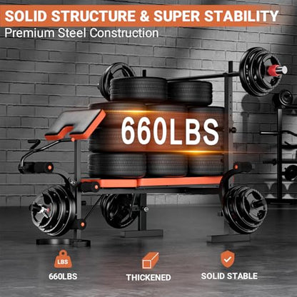 Adjustable Weight Bench, Bench Press with Squat Rack, Olympic Weight Bench for Home Gym, Workout Bench with Preacher Curl Pad and Leg Develope for Full-Body Strength Training