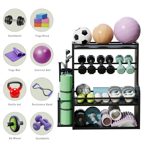 APRTAT Bamboo Dumbbell Rack, Adjustable Weight Rack for Home Gym, All-in-One Workout Equipment Storage for Dumbbells, Kettlebells, Yoga Mats & Balls