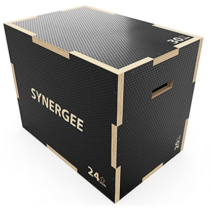 Synergee 3 in 1 Non-Slip Plyometric Box for Jump Training and Conditioning. Wooden Plyo and Soft Plyo Box All In One Jump Trainer. Sizes 20/18/16, 16/14/12