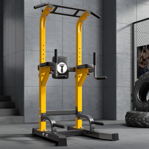 SogesHome Power Tower Pull Up Bar Dip Stand, 10 Adjustable Height Free Standing Assistive Trainer Dip Station, Multi-Function Strength Training Fitness Workout Station for Home Gym Fitness Equipment - color: Yellow