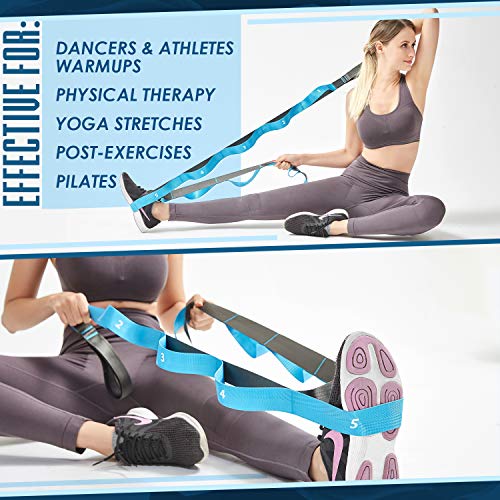 Yoga Stretching Strap | 12 Loops Non-Elastic Stretching Yoga Strap | Stretching Band for Physical Therapy, Home Workout Exercises, Pilates & Dance | Includes Carrying Bag & Workout Guide