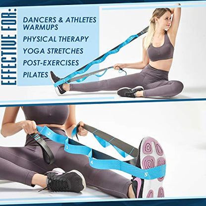 Yoga Stretching Strap | 12 Loops Non-Elastic Stretching Yoga Strap | Stretching Band for Physical Therapy, Home Workout Exercises, Pilates & Dance | Includes Carrying Bag & Workout Guide