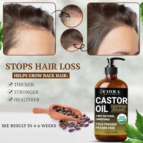 Organic Castor Oil in Glass Bottle – 16 Oz Cold Pressed & Hexane-Free – USDA Certified – Skin Moisturizer, Hair Growth Oil For Lashes, Brows, Skin & Scalp – with Pump - size: 16 Fl Oz (Pack of 1)