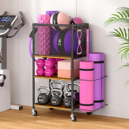 Dumbbell Rack, Yoga Mat Storage Holder, Home Gym Storage Rack, Workout Equipment Storage Organizer, Weight Storage Holder Rack with Hooks and Wheels