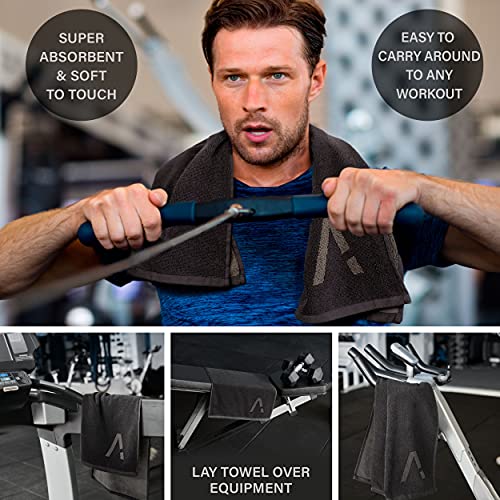 Black Organic Cotton Gym Towel for Men and Women - Silver Infused Sweat Towel, 500 GSM, 31.5"x15.75" - Soft Absorbent Workout Towel for Gym Yoga Sports, Exercise Towel