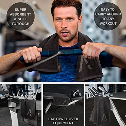 Black Organic Cotton Gym Towel for Men and Women - Silver Infused Sweat Towel, 500 GSM, 31.5"x15.75" - Soft Absorbent Workout Towel for Gym Yoga Sports, Exercise Towel